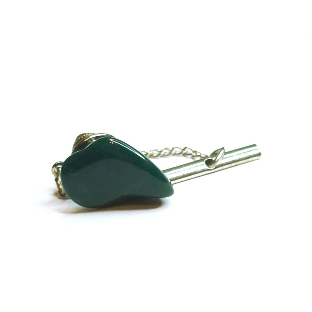 Vintage Green Jasper Stone Tie Tack With Silver Chain & Bar